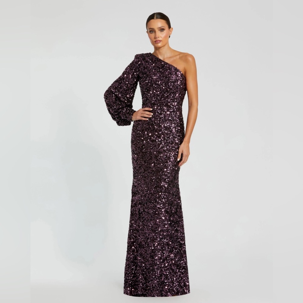 Purple Sequined One Shoulder Bishop Sleeve Trumpet Gown